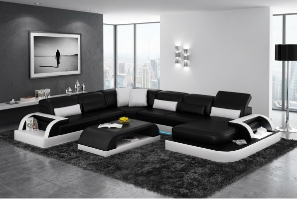 Sofa Ecksofa Design Wohnlandschaft Schwarz Polster Sitz Garnitur Ledersofa USB