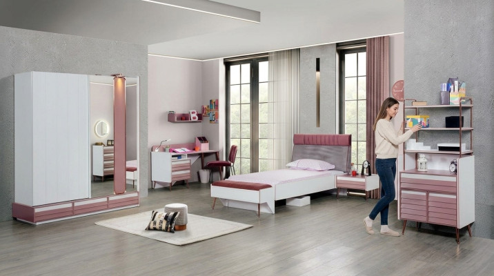 Kinderzimmer Set 7tlg Luxus Bett Nachttisch Kommode Kleiderschrank Wandregal