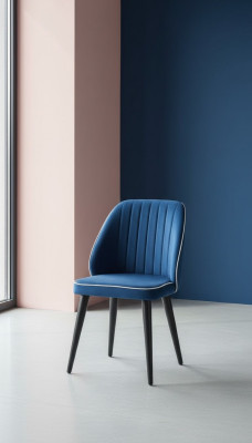 Blau gepolsterter Stuhl mit schwarzen Holzbeinen für Esszimmer helles Modell