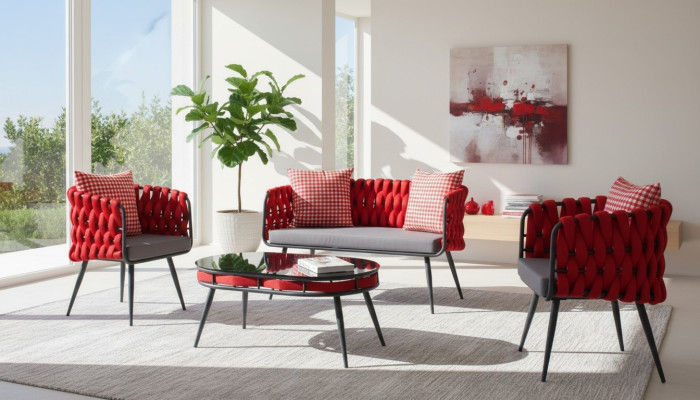 Rote Garten Garnitur Luxus Sitzmöbel Tisch Sofa Terrassen Couch 4tlg.