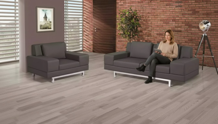 Graue Couchgarnitur Dreisitzer Sessel Sofagarnitur Arbeitszimmer Sofas