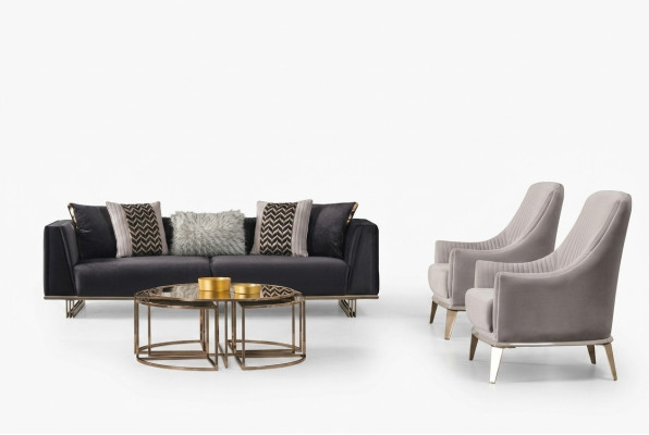 Gruppe Couch Sofas Dreisitzer Sessel Moderne Blau Set 3tlg Garnitur