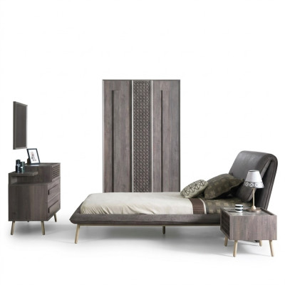 Garnitur Polsterbett Jugendbett Bettrahmen Bett Set 5tlg Holz Grau Neu