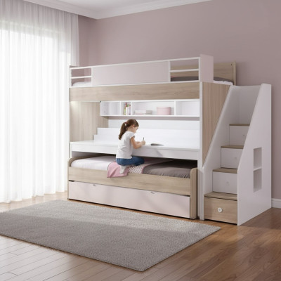 Etagenbett Bett mit 3 Schlafplätzen Multifunktionsbett Holz Rosa Luxus Hochbett