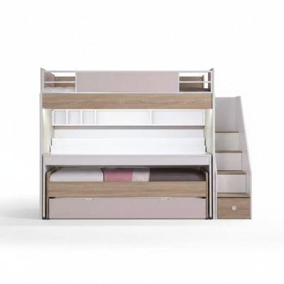 Etagenbett Bett mit 3 Schlafplätzen Multifunktionsbett Holz Rosa Luxus Hochbett