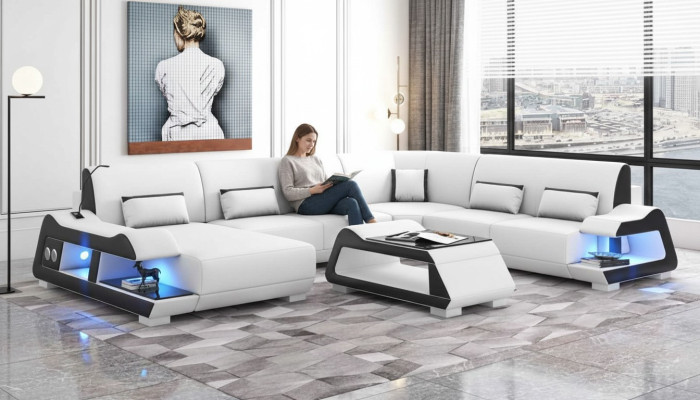 Großes Sofa Wohnlandschaft XXL U Form Ecksofa Ledersofa Weiß Sofas