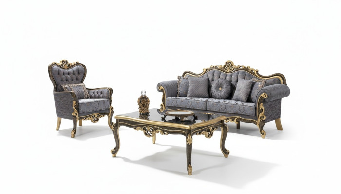 Chesterfield Sofagarnitur Polstersofa Sofa Blau Dreisitzer Sessel Set