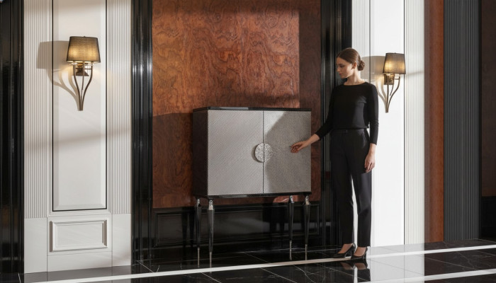 Barschrank Schrank Bar Holzschrank Grau Holz Wohnzimmer Getränke Luxus