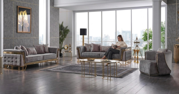 Luxus Graue Sofagarnitur Dreisitzer mit Sessel Modernes Set Couchen Sofa