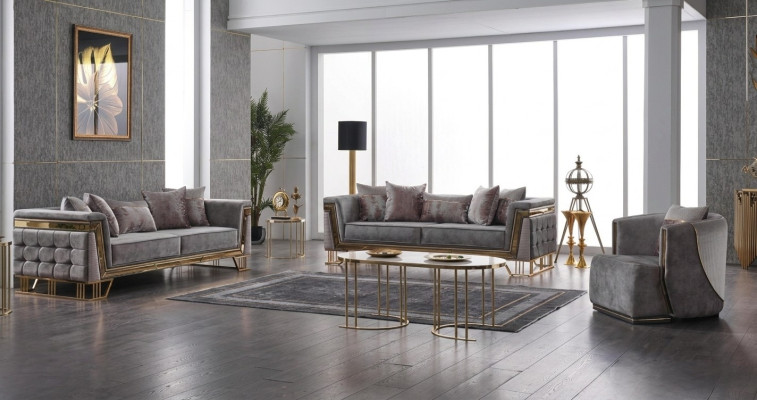Luxus Graue Sofagarnitur Dreisitzer mit Sessel Modernes Set Couchen Sofa