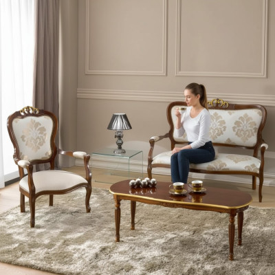 Klassische Sitzgarnitur Zweisitzer Sessel Couchtisch Designer Holzmöbel