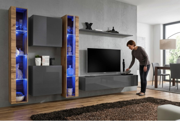 Luxus Komplett Set 6tlg Wohnwand Grau TV-Ständer Wandschrank Sideboard Modern