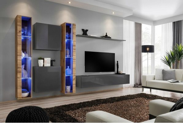 Luxus Komplett Set 6tlg Wohnwand Grau TV-Ständer Wandschrank Sideboard Modern