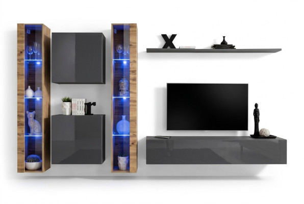 Luxus Komplett Set 6tlg Wohnwand Grau TV-Ständer Wandschrank Sideboard Modern