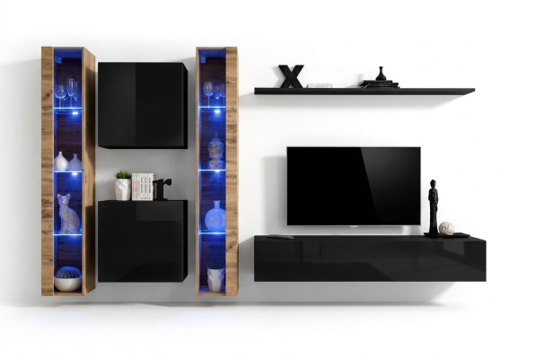 Wohnwand Wandschrank Modern Design TV-Ständer Schwarz Wohnzimmermöbel Komplett