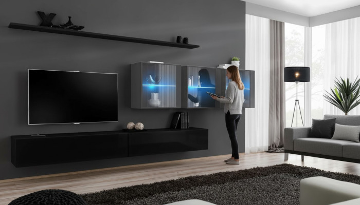 Wohnwand Set 7tlg Modern Wohnzimmermöbel TV-Ständer Design Wand Regale Komplett