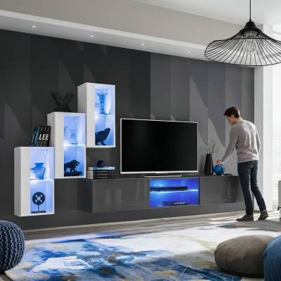 Grau Sideboard TV-Ständer Garnitur Wohnwand Komplett Wand Regale Wandschrank