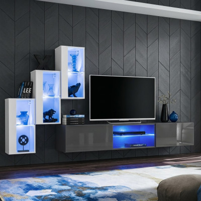 Grau Sideboard TV-Ständer Garnitur Wohnwand Komplett Wand Regale Wandschrank