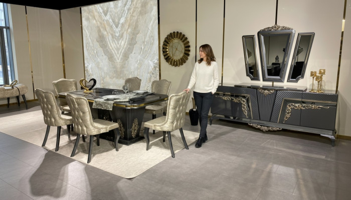 Esszimmer Set 9 tlg. Esstisch + 6x Stühle Anrichte mit Spiegel Grau neu