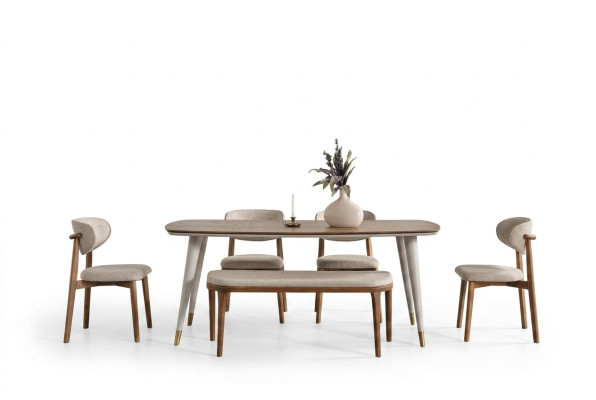 Elegant set bestående av ett matbord och 4 stolar + bänk i beige
