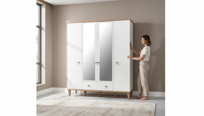 Weißer 4-Türiger Glasschrank Moderne Schlafzimmer Schränke Holz Möbel