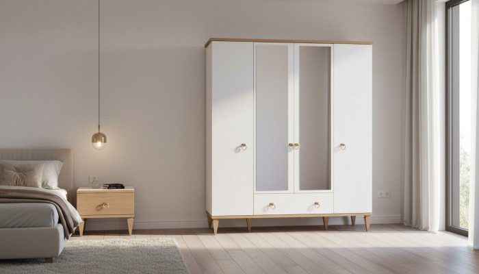 Weißer 4-Türiger Glasschrank Moderne Schlafzimmer Schränke Holz Möbel