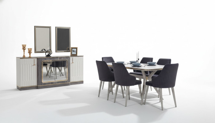 Luxus Esszimmer Set Esstisch + 6x Stühle + Sideboard mit 2x Spiegel Neu Set