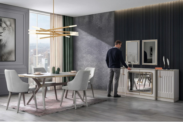 Esszimmer Set Garnitur Sideboard mit 2x Spiegel Tisch 6x Stuhl 10tlg.
