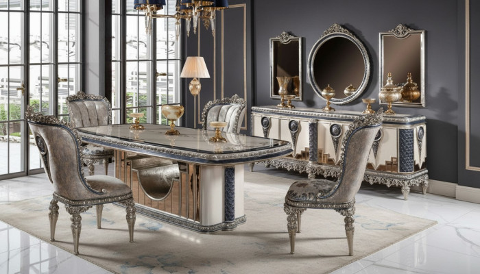 Graue Esszimmer Garnitur Klassische Esszimmer Möbel Esstisch Kommode Neu