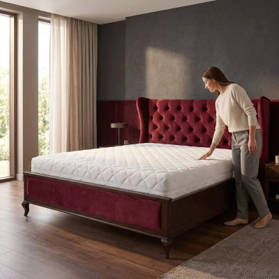 Klassisches Chesterfield Stil Betten Luxus Doppel Bett Holz Möbel Rot Samt
