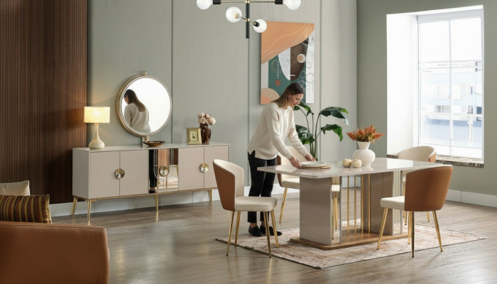 Luxuriöse Esszimmer Set Esstisch + 6x Stühle + Anrichte Essgruppen Neu 8 tlg