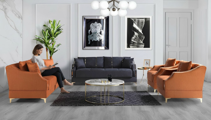 Sofagarnitur 3+2+1+1 Sitzer Wohnzimmer Set Komplett Textil Sofa Sessel Holz Neu