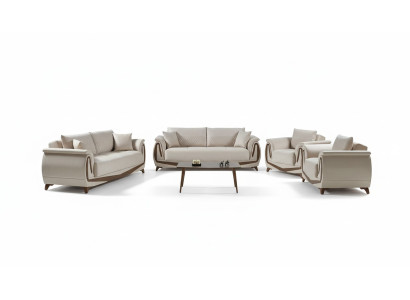 Sofagarnitur 3+2+1+1 Holz Wohnzimmer Luxus Sofa Modern Stoff Komplett Neu