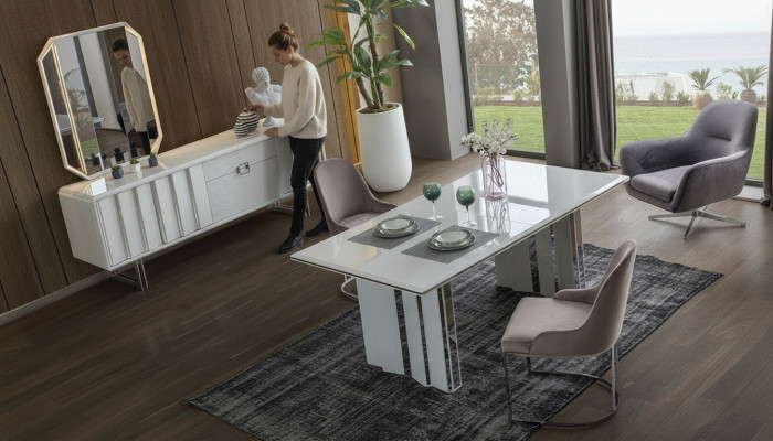 Luxus Esszimmer Set Esstisch + 6x Stühle + Sideboard mit Spiegel Modern Komplett
