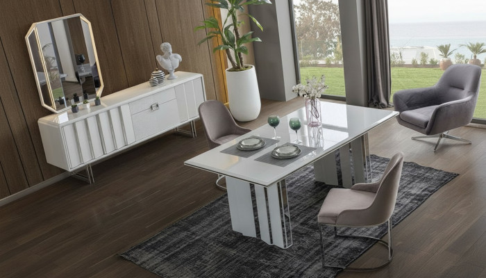 Luxus Esszimmer Set Esstisch + 6x Stühle + Sideboard mit Spiegel Modern Komplett