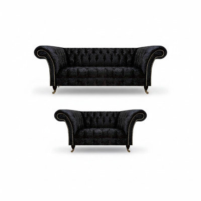 Luxuriöse Chesterfield Schwarze Textil Sitzgarnitur Wohnzimmer Möbel