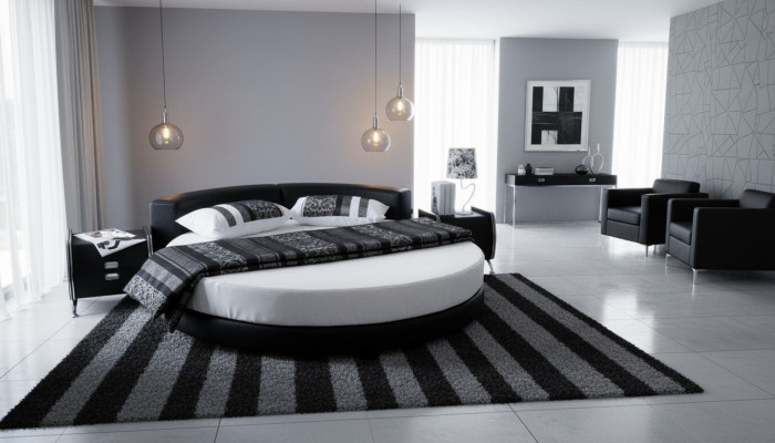 Säng modern svart med eleganta detaljer och bänk