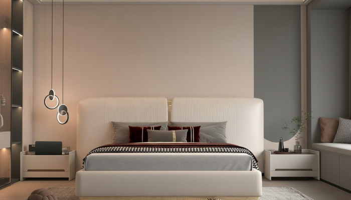 Sängram i beige med gyllene detaljer, modern design, sänggavel för sovrum
