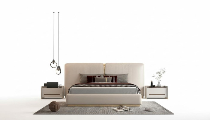 Sängram i beige med gyllene detaljer, modern design, sänggavel för sovrum