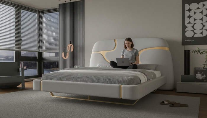 Lyxig säng med guld detaljer Modern design Mjuk huvudgavel Sovrum