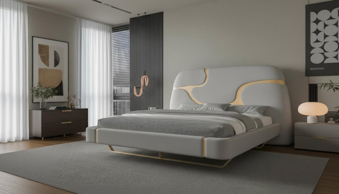 Lyxig säng med guld detaljer Modern design Mjuk huvudgavel Sovrum