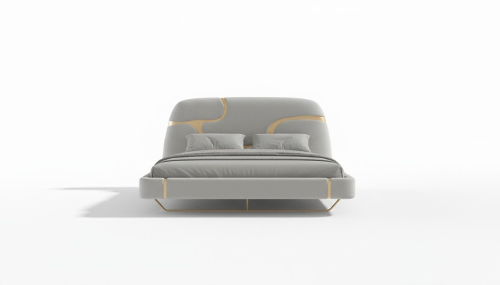 Lyxig säng med guld detaljer Modern design Mjuk huvudgavel Sovrum