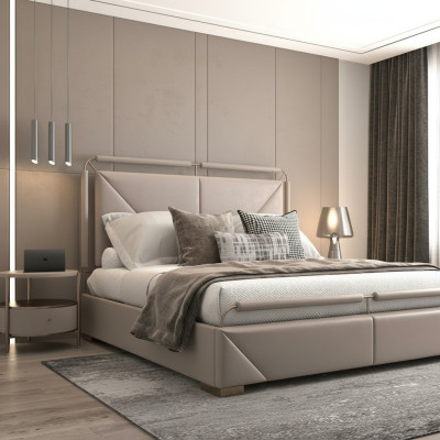 Design modern lyxig säng i beige med gyllene detaljer och en elegant sänggavel
