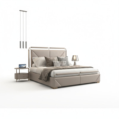 Design modern lyxig säng i beige med gyllene detaljer och en elegant sänggavel