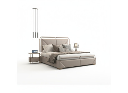 Design modern lyxig säng i beige med gyllene detaljer och en elegant sänggavel