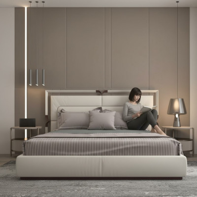 Pat modern lyx i beige med bruna accenter och en elegant huvudgavel