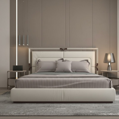 Pat modern lyx i beige med bruna accenter och en elegant huvudgavel