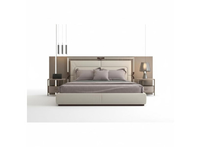 Pat modern lyx i beige med bruna accenter och en elegant huvudgavel