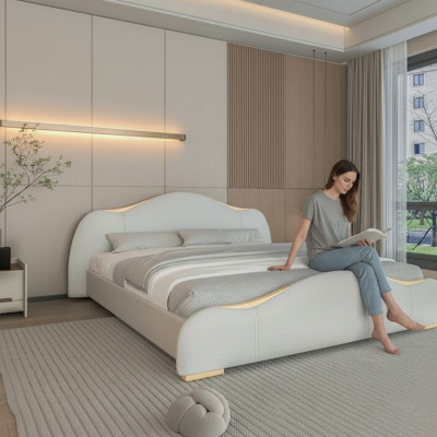 Säng modern grå med gyllene detaljer och en elegant huvudgavel
