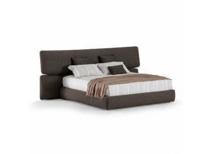 Säng i modern svart textil med hög rygg